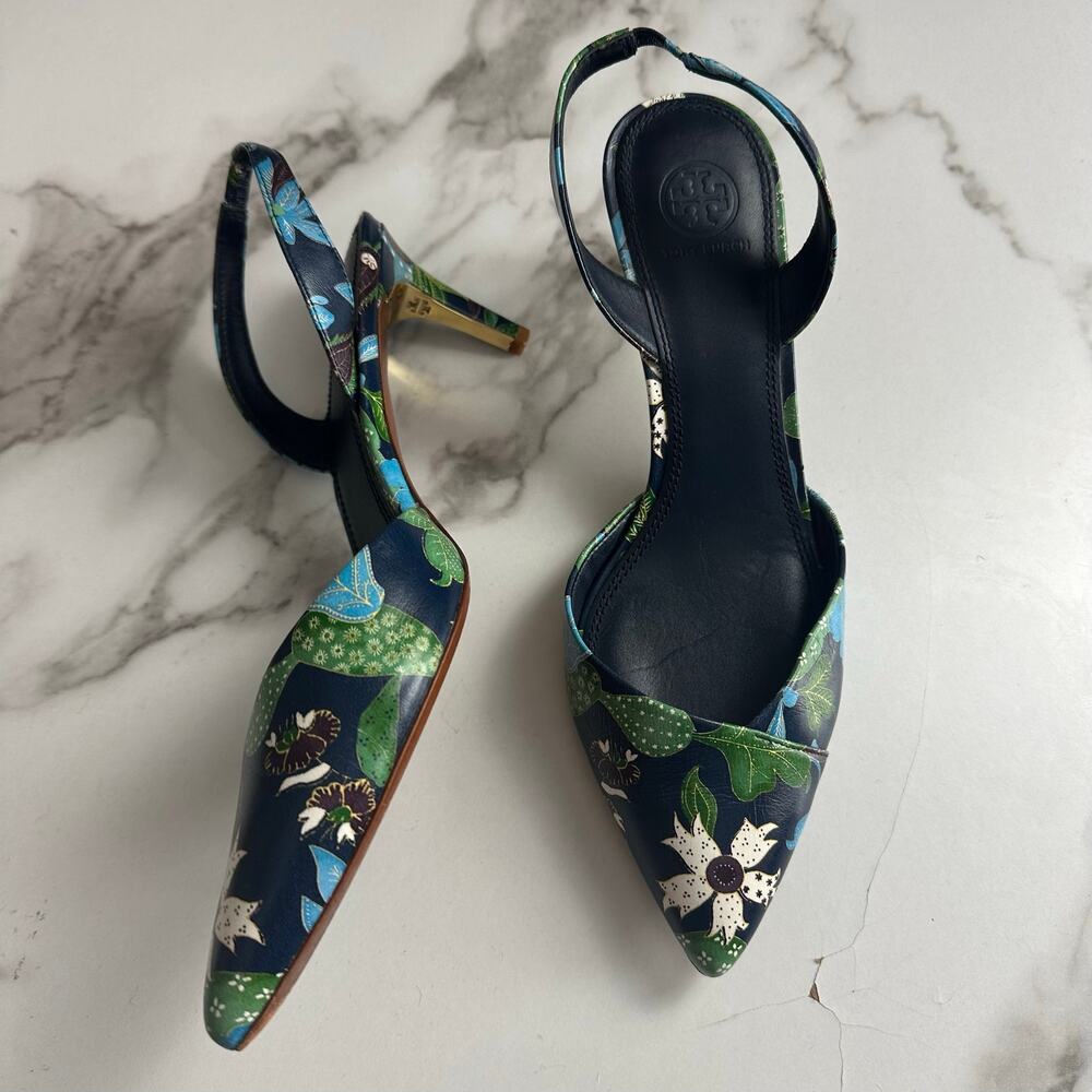 Tory Burch Nappa Leather Slingback Pointed Heels in Navy Wisteria Size 9